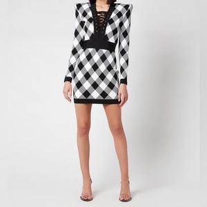 NEW Balmain Laceup Gingham Jacqaurd Dress